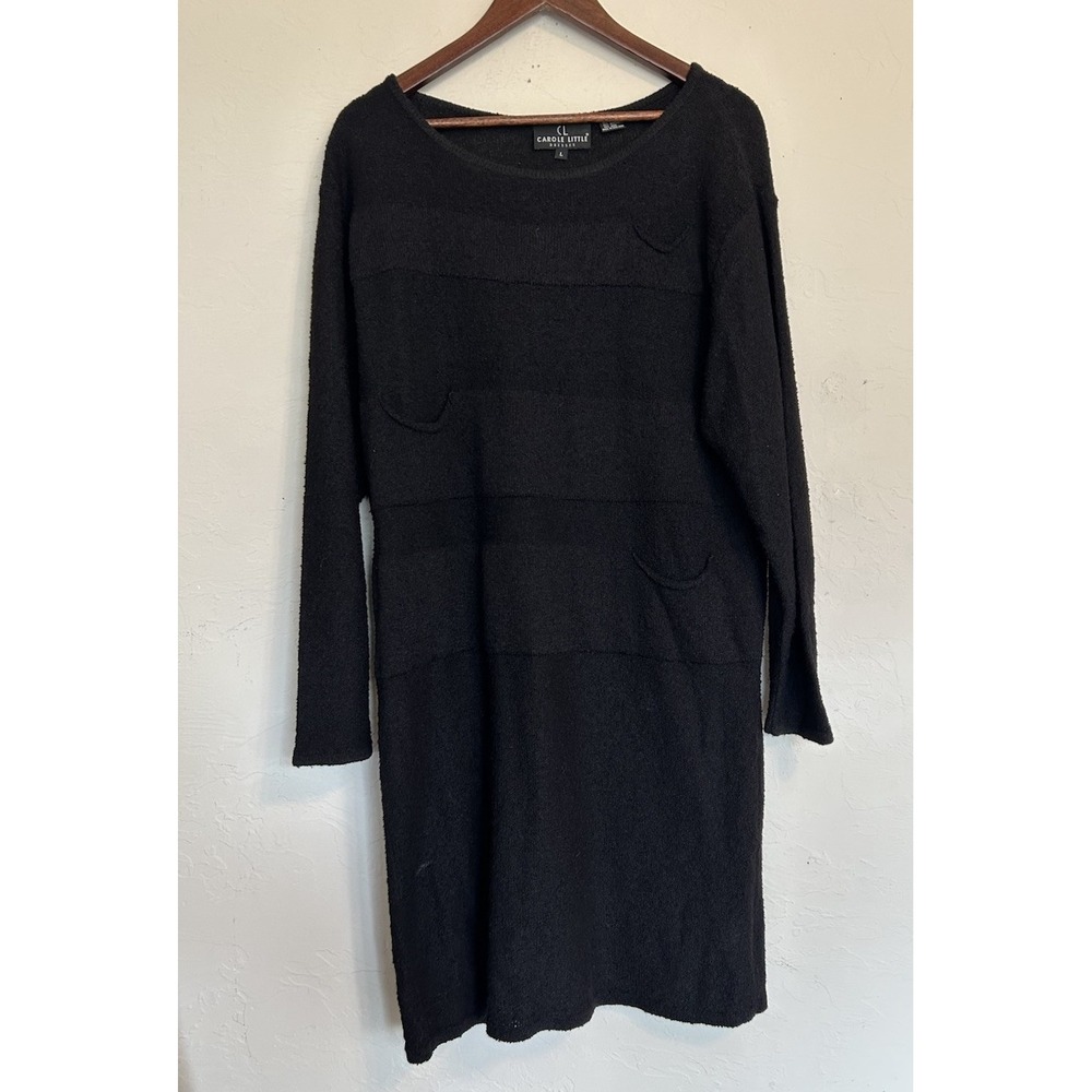 Vintage 90s Carole Little Textured Lightweight‎ Sweater Dress L Lagenlook Black